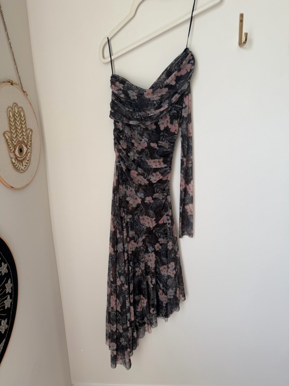 Zara black Floral one shoulder long sleeve asymmetrical midi Dress